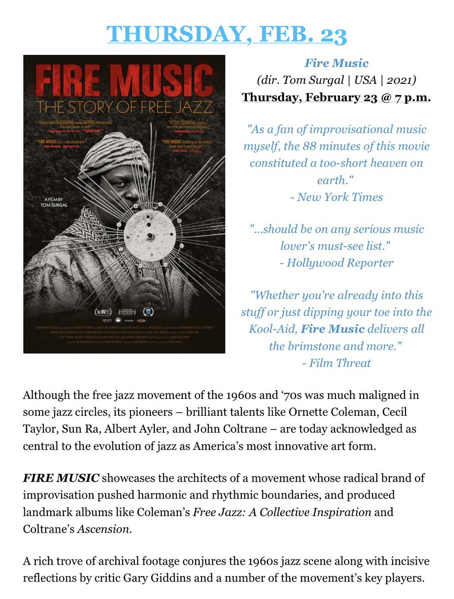 Fire Music: The Story of Free Jazz

📅: Thursday, Feb. 23

⏰: 7:00pm

📍: Oriental Theatre

Black History Month 2023 is proudly presented by the Milwaukee County Office of Equity ✊🏿✊🏾✊🏽✊🏼

#BlackLensMKE #MKEFilm #Milwaukee #bHM #BlackHistoryMonth #BlackFilm #blackcinema