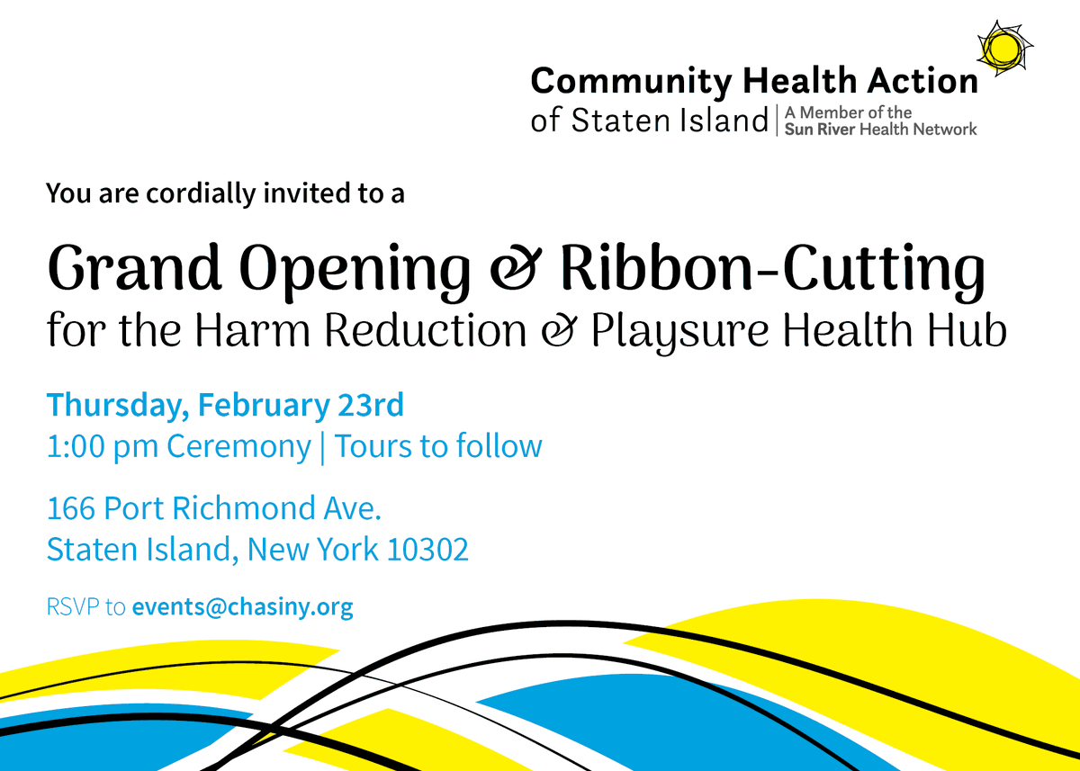 CHASINYC's tweet photo. Hey #StatenIsland! Join us for the ribbon-cutting ceremony for the newly renovated Harm Reduction & #Playsure Health Hub located at 166 Port Richmond Ave. TOMORROW (Thursday)! Swing by to see the new space and #gettested while you're here. https://t.co/MjTPDTzwpN