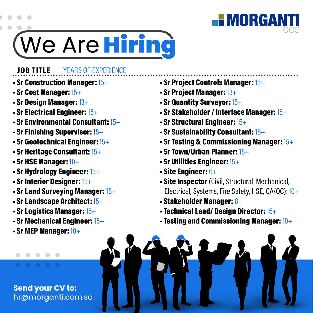 Morganti GCC – KSA is hiring. Send your resume to hr@morganti.com.sa, and don't miss this opportunity to join us.
#morgantigcc #recruitment #joinourteam #wearehiring #wearerecruiting #hiringnow #hiring #fmjobs #project #engineers #interview #ksajobs #saudijobs #jobs #cv #applynow