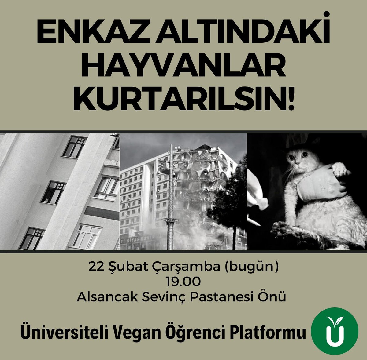 Enkaz altındaki canları sizin insafınıza bırakmıyoruz! İnsanlar için gösterilen arama-kurtarma seferberliği hayvanlar için de gösterilmelidir!

Bu akşam saat 19.00'da Alsancak Sevinç Pastanesi önünde buluşuyoruz. Tüm hak savunucularını bekliyoruz.   #galeriakurtarılmayıbekliyor