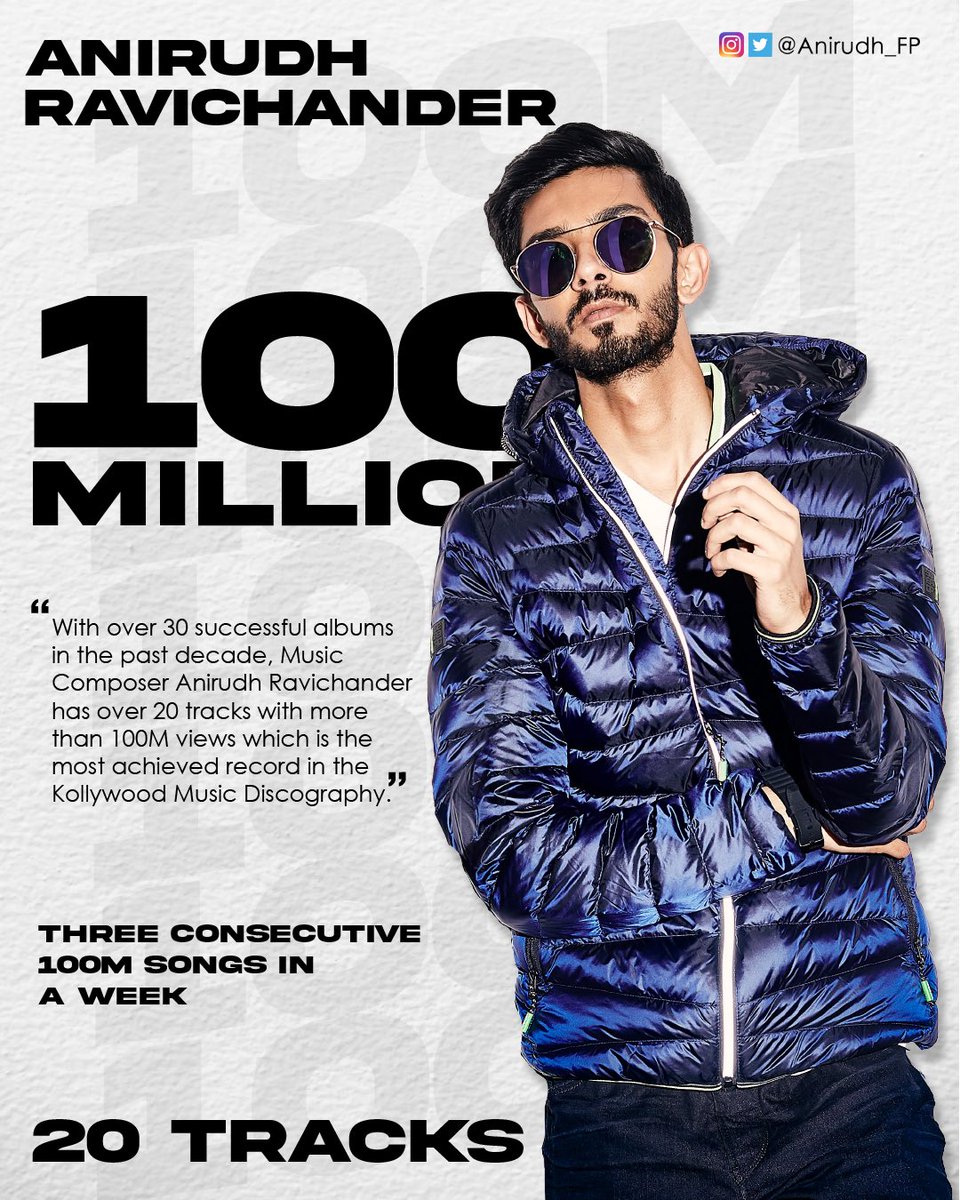 Rockstar @anirudhofficial has made a new record with having 3 tracks consecutively reaching 100 Million views on Youtube this week. 

#JalabulaJangu 

#ThaaiKelavi 

#DippamDappam 

He has now attained 2️⃣0️⃣ tracks in his 💯Million Club !