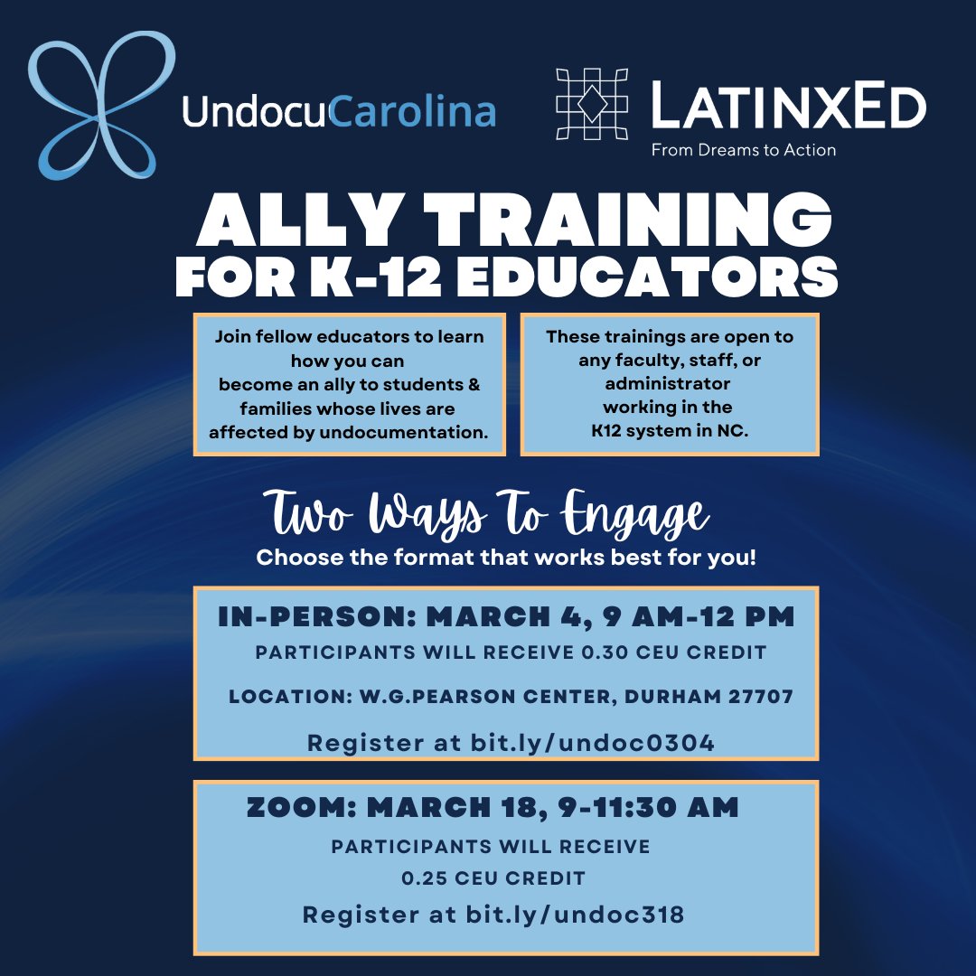 📣 Calling all education staff in NC’s K12 school systems: Join us for <a href="/undocucarolina/">UndocuCarolina</a> Ally Training!

⭐️  Space is limited at each event so we ask that you register only if you are able to attend the entire time. Email Alice at alice@latinxed.org for any questions! #NCEd