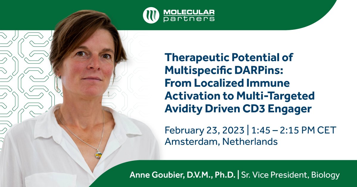 MolecularPrtnrs's tweet photo. Tomorrow our SVP of Biology, Anne Goubier, D.V.M., Ph.D, will present on MP0533, our trispecific T cell engager #DARPin candidate at the European Bispecific & Multispecific Antibody Congress hosted by @KisacoRes.
For more on Dr. Goubier and our research: https://t.co/blS6t6haVO https://t.co/Zo4Itt59qN