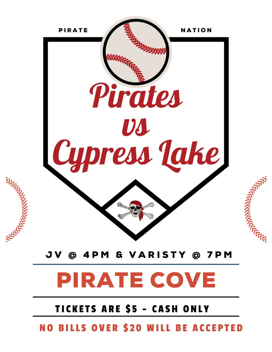 piratespchs's tweet photo. Pirates make sure to stop by and cheer on our baseball team tonight, but remember the gate is cash only! ⚾🏴‍☠️ #GetInvolvedStayInvolved https://t.co/M7dzcNsO2E