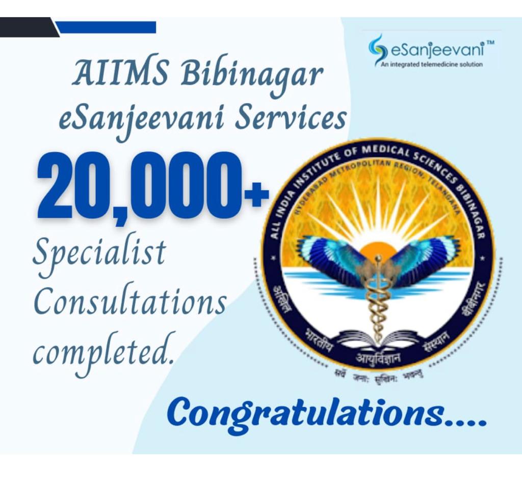 AiimsBibinagar's tweet photo. AIIMS Bibinagar crosses 20,000  #eSanjeevani Specialists consultation
Connecting with 29 districts of Telangana
#Telemedicine

@MoHFW_INDIA 
@mansukhmandviya 
@OfficeOf_MM 
@DrBharatippawar https://t.co/AZrJsbqk36