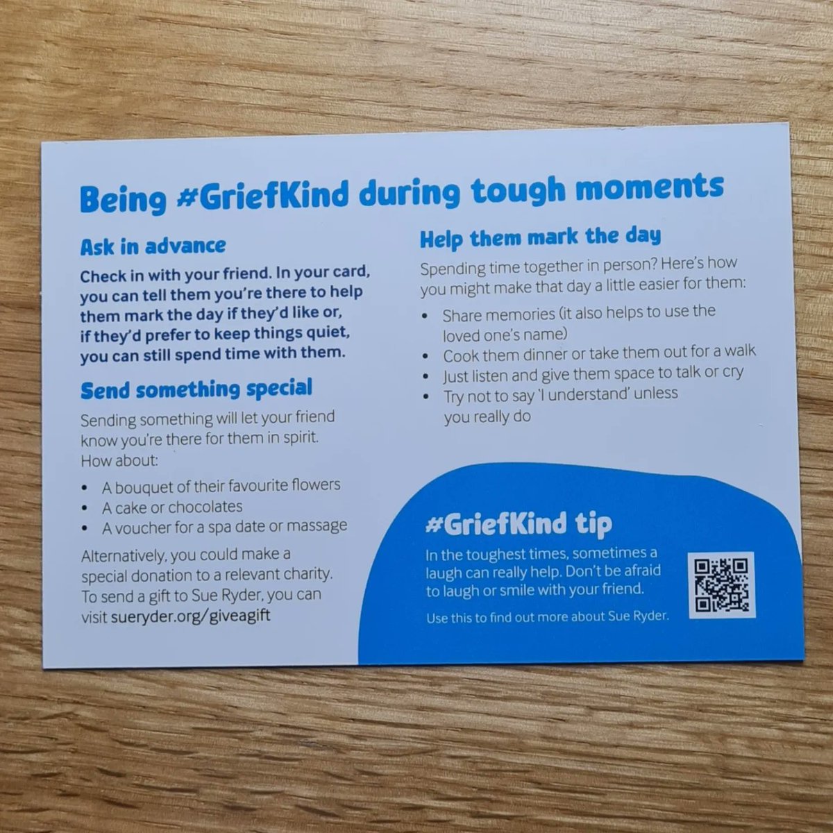 TaptreeTherapy's tweet photo. Want to know how to support a friend after someone has died? There are 3 key moments. 1) the first days,weeks,months 2) difficult moments such as birthdays or anniversaries and 3) checking in over time. All highlighted here by these beautiful #GriefKind cards by @sueRyder #Grief https://t.co/KXKvDZaFnK
