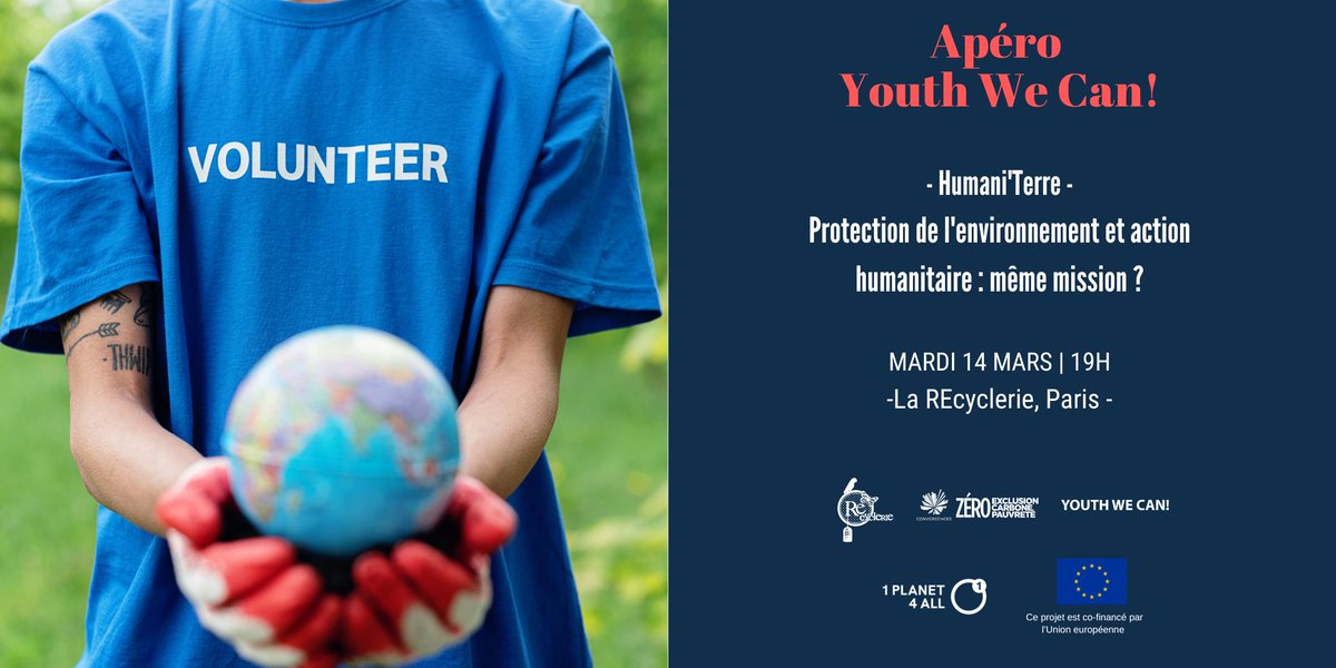 Rendez-vous mardi 14 mars à <a href="/LaRe_cyclerie/">La REcyclerie</a>, pour le prochain apéro Youth We Can « Humani’Terre - Protection de l’environnement et action humanitaire : même mission ? » 

Inscriptions gratuites sur le lien suivant ! 👉 bit.ly/3E3CH21 

<a href="/ConvergencesORG/">Convergences</a>

 #Humanitaire