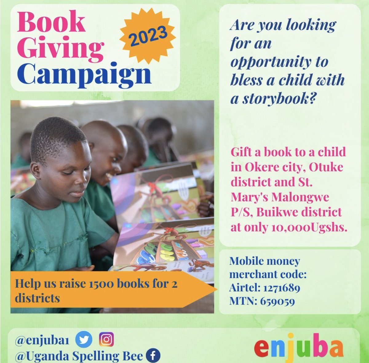 enjuba1's tweet photo. Hi .@asmahaney12, Share your love this month by gifting a child/children in Otuke and Buikwe districts with a book of their own at only 10k and help alleviate learning poverty in Uganda.
Join the #BookGivingCampaign2023 #Booksarebae #reading #books4ruralchildren https://t.co/G74EXkjMIy