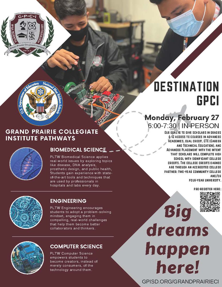 8th grade parents- Is your scholar interested in the collegiate pathway? Destination GPCI offers different pathways! Pre-register to attend the informational meeting Feb. 27, 2023