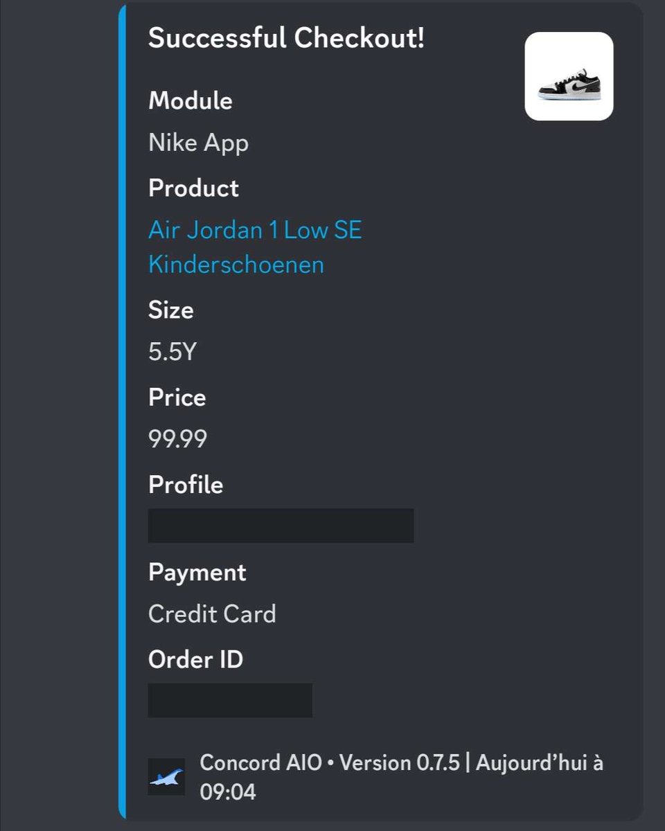 tchinchawa's tweet photo. First test of @ConcordAIO with @PorterProxies and first hit. See you on the next release 👀 https://t.co/ThbGdD6E2c