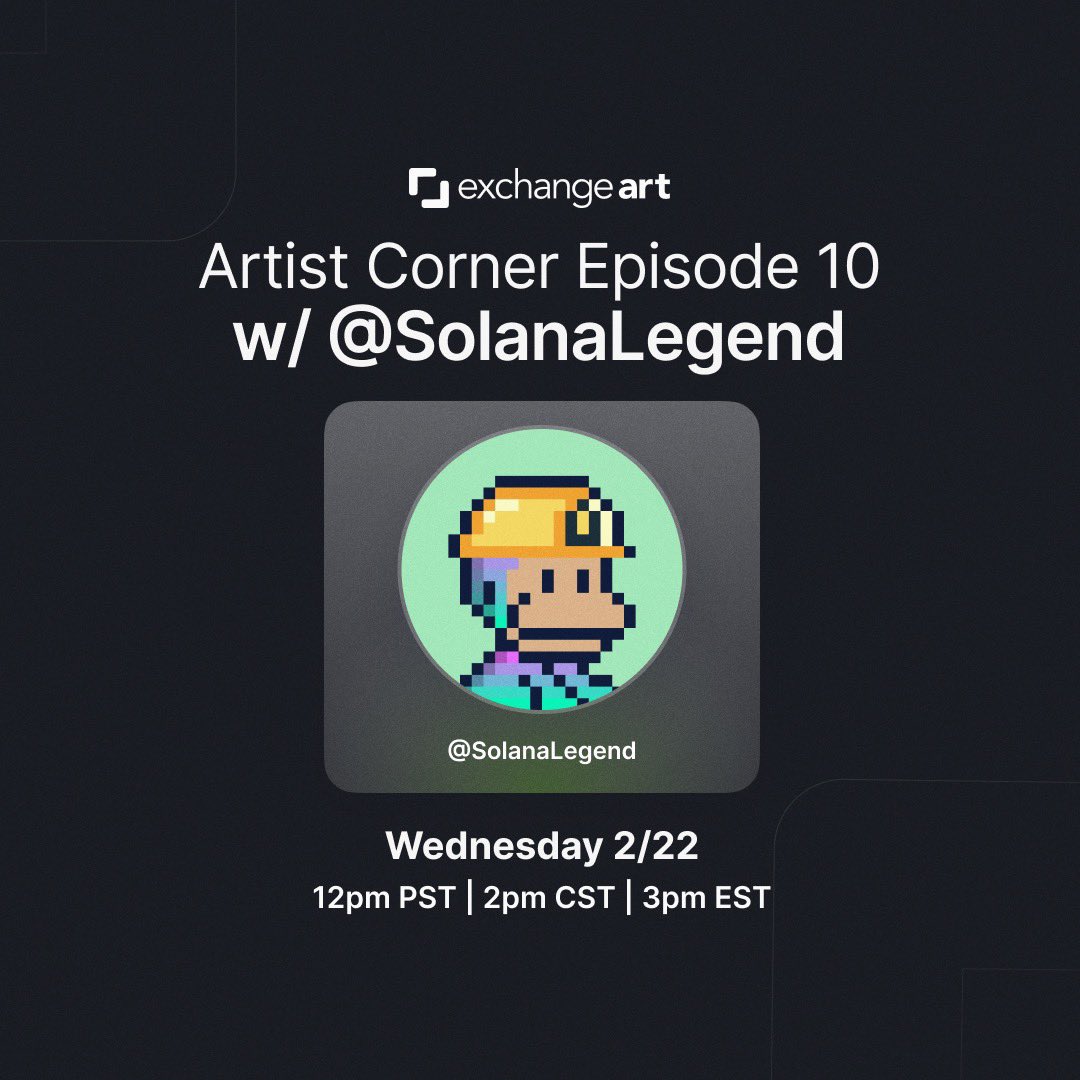 Back at it for another Artists Corner! 

Join us along side <a href="/SolanaLegend/">Solana Legend 🎒💧</a> as we jump into another exciting week here in the art space and get to hear from some of the incredible people who make it so special! 

We will see you right here in 1hr ⏬