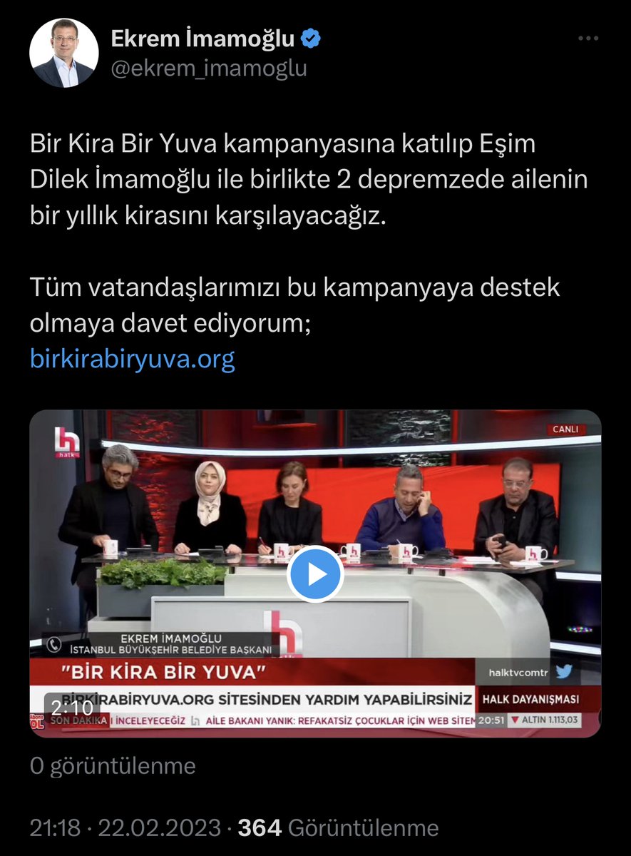 gundemedairhs's tweet photo. Ekrem İmamoğlu, hükümetin başlattığı #EvimYuvanOlsun kampanyasına karşılık başlatılan Bir Kira Bir Yuva kampanyasına katılarak 2 depremzede ailenin bir yıllık kirasını karşılayacağını açıkladı. https://t.co/QNHYAVme6i