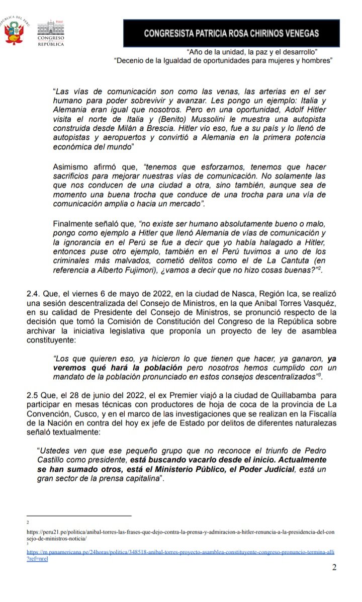 PattyChirinosVe's tweet photo. Acabo de presentar DC contra Aníbal Torres por delitos contra la tranquilidad pública, rebelión y apología al delito cometidos en su paso por la PCM. La muerte de más de medio centenar de peruanos y los millones en pérdidas no habrían tenido lugar sin las acciones de ese "señor"! https://t.co/l2Wzn888yF