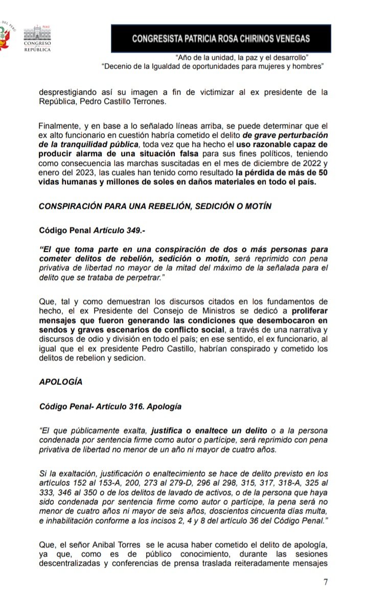 PattyChirinosVe's tweet photo. Acabo de presentar DC contra Aníbal Torres por delitos contra la tranquilidad pública, rebelión y apología al delito cometidos en su paso por la PCM. La muerte de más de medio centenar de peruanos y los millones en pérdidas no habrían tenido lugar sin las acciones de ese "señor"! https://t.co/l2Wzn888yF