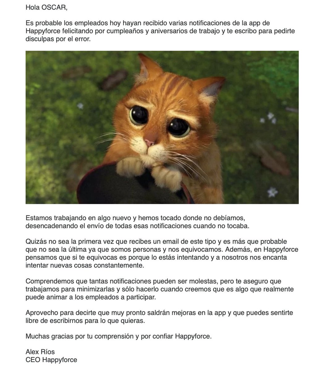 Ejemplo de cómo informar de un problema y pedir disculpas, tal y como lo hace una persona que sabe que errar es humano y que no pasa nada por reconocerlo. Bravo <a href="/MyHappyForce/">Happyforce</a> . Nos habéis dejado alucinados ¡Por muchas empresas como la vuestra!