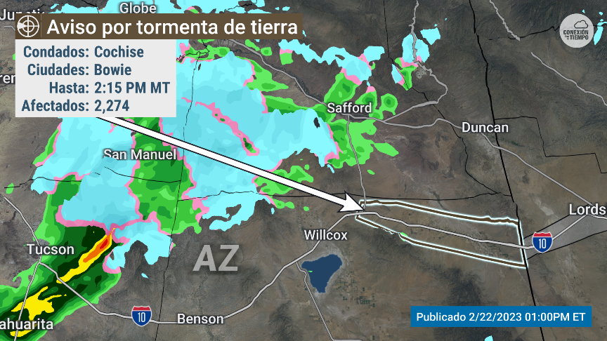 conexiontiempo's tweet image. Aviso por tormenta de arena en #Arizona para el condado de #Cochise hasta las 2:15 PM MT.
Más información aquí 👉bit.ly/3PKAzjL