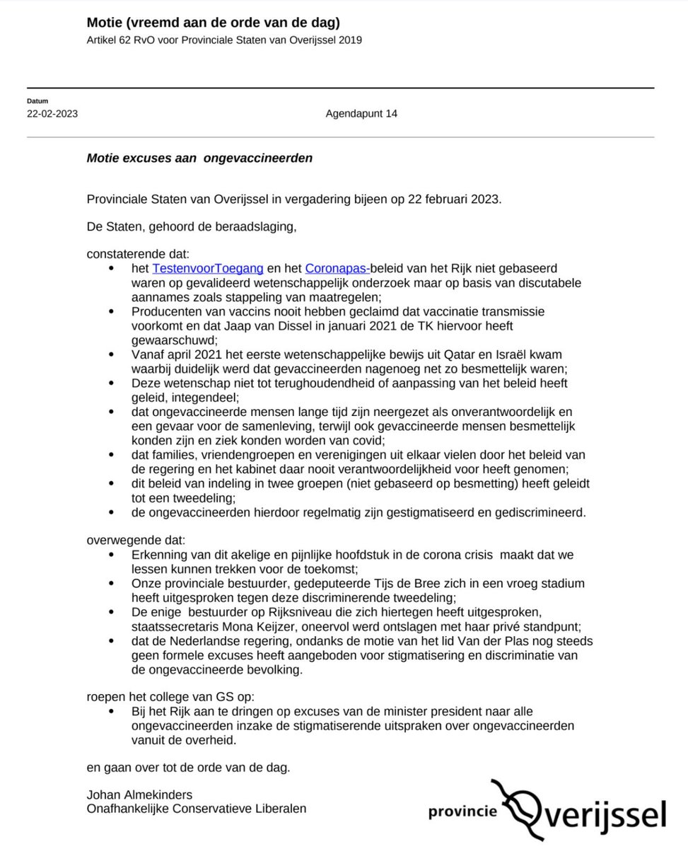 johan_twente's tweet image. Ongevaccineerden zijn als paria’s behandeld tijdens de coronatijd. 

In de Provinciale Staten van Overijssel dien ik een motie in om aan te dringen op excuses van de minister-president voor stigmatiserende uitspraken en splijtend overheidsbeleid. #psov