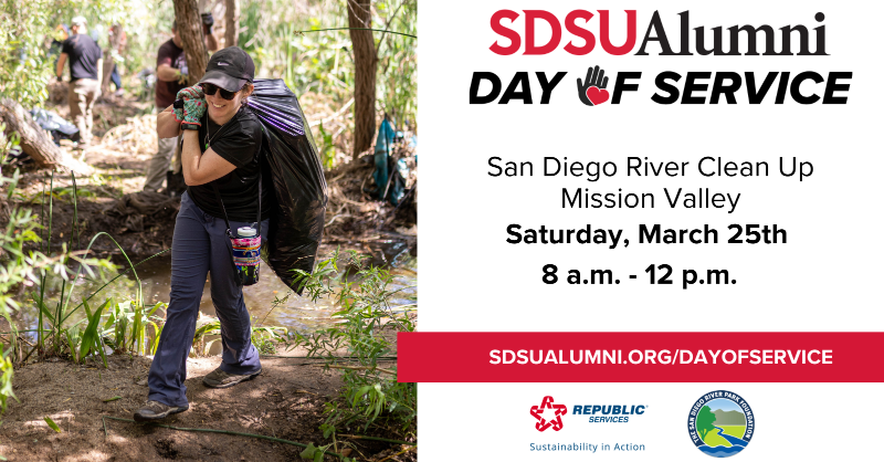 sdsualumni's tweet photo. Join us for #SDSUAlumni Day of Service on March 25 from 8 a.m to 12 p.m as we partner with @sandiegoriver to clean up a part of the San Diego River. Day of Service is a great way to connect and give back to the community!

Open to all (16+). Register at https://t.co/L0XIdXKYo1.