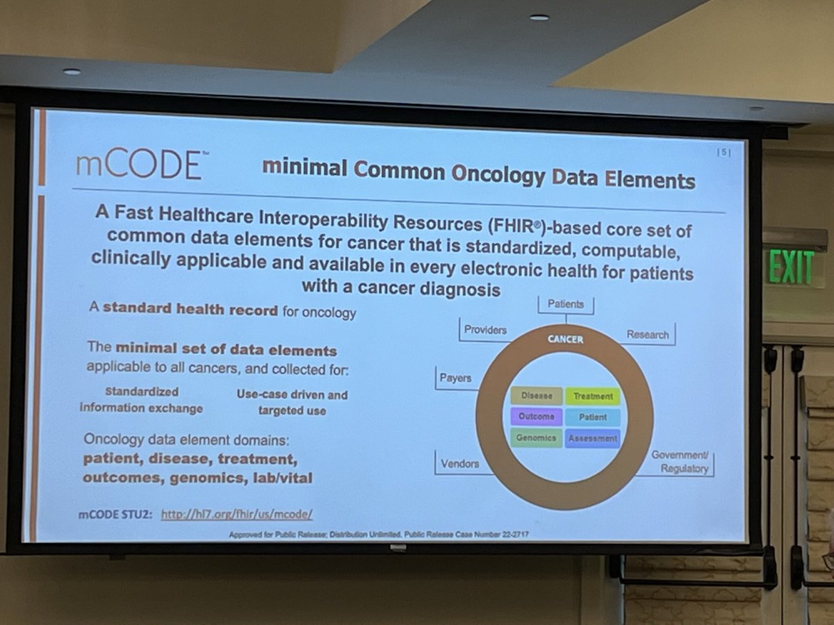 rsm2800's tweet photo. May Terry, BSEE, MMI, RN from @MITREhealth providing a history of #mCODE and its basic purpose - a FHIR-based minimal data standard, endorsed by HL7, for oncology patients that follows the patient across healthcare settings and use cases #ci4cc23 https://t.co/hvc6zq30zO
