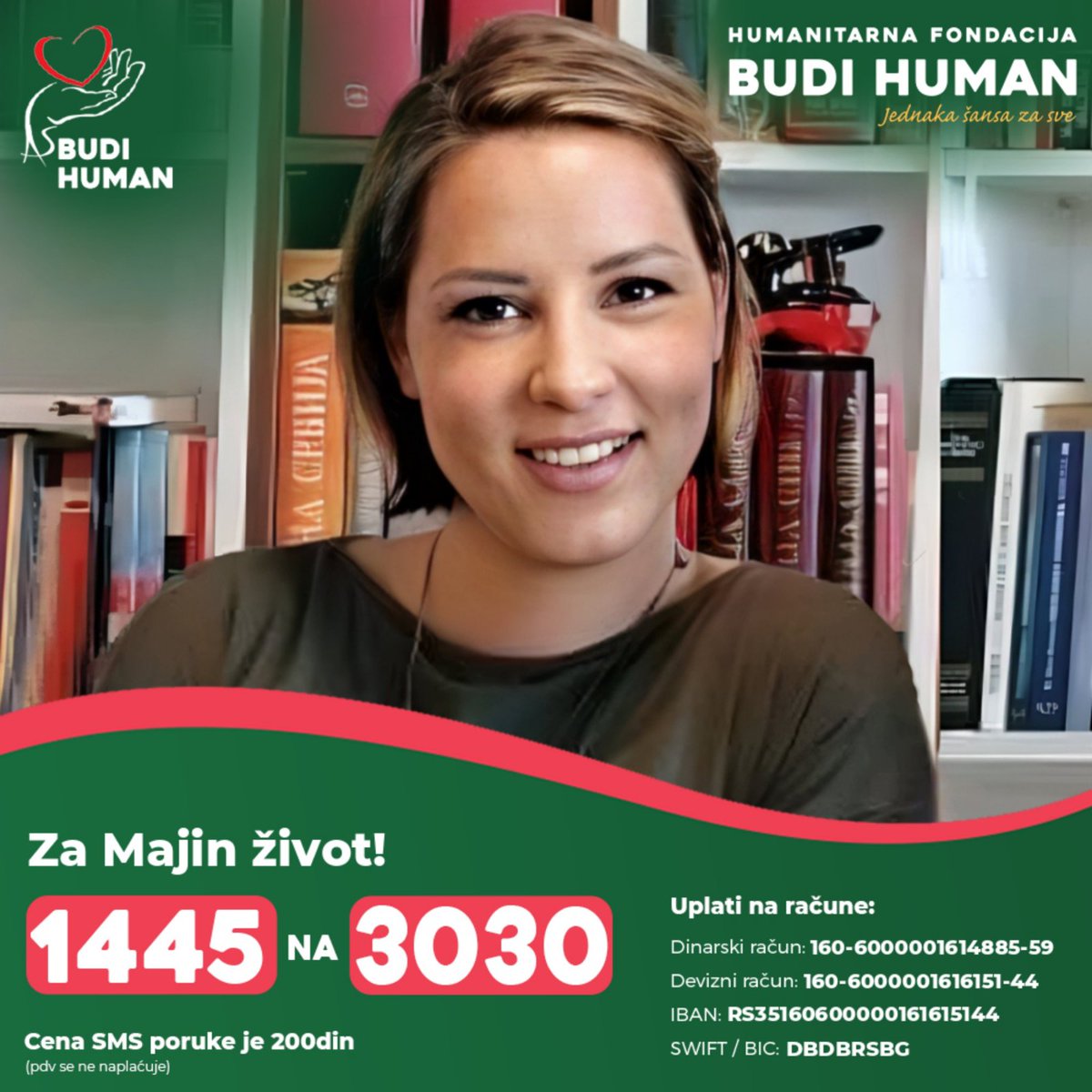 Molio bih svakoga ko je u mogućnosti da pošalje SMS 1445 na 3030 ili donira na neki od računa. 👇

Hvala svima!