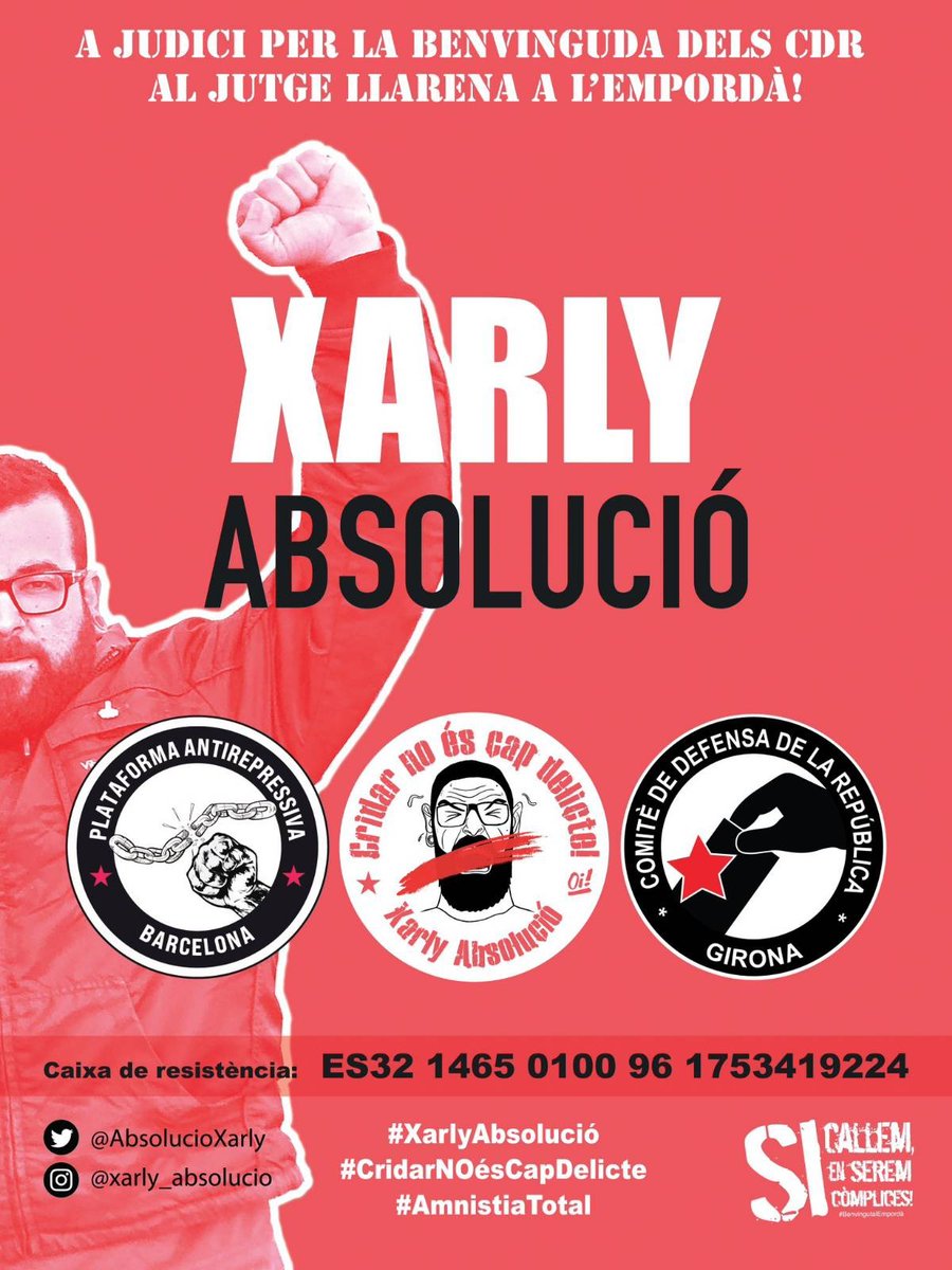 En <a href="/XarlyRF/">Xarly</a> necessita la màxima ajuda per fer front al Judici per cridar contra la presència de Llarena a L'Empordà.

Rebre com es mereix a un enemic de Catalunya no es cap delicte. ✊🔥