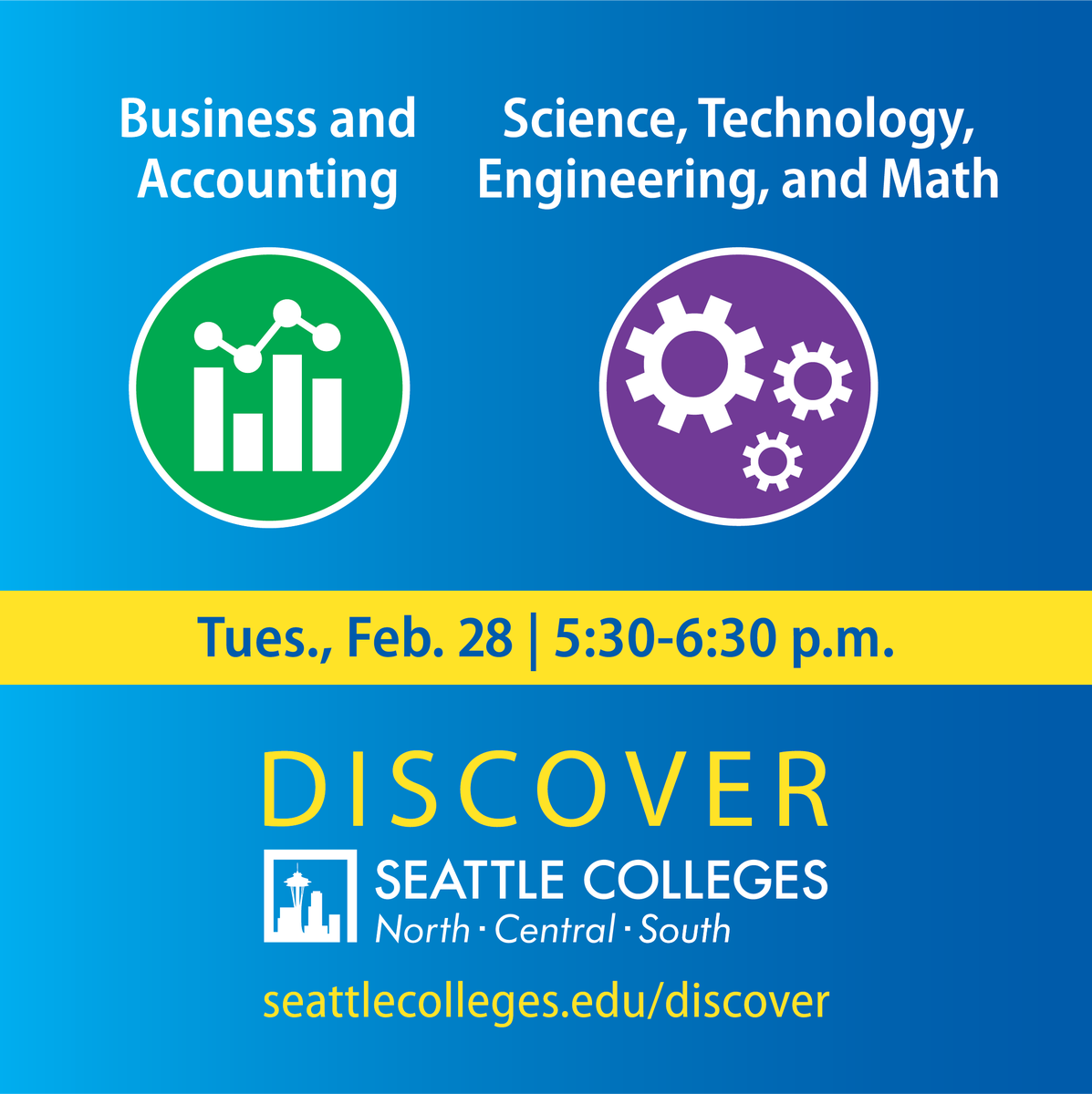 The path to your dream career starts here. Discover the right program for your future and hear from Seattle Colleges instructors and staff. Join us online Tues., Feb. 28, to learn about our Business and Accounting programs and our programs in STEM. seattlecolleges.edu/discover