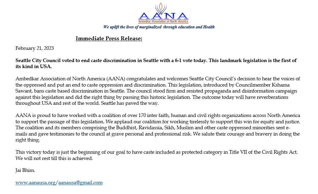 aanausa's tweet photo. Immediate Press Release:
February 21, 2023
Seattle City Council voted to end caste discrimination in Seattle with a 6-1 vote today. This landmark legislation is the first of its kind in USA. https://t.co/PBpGKdvFyJ