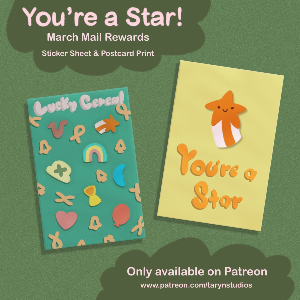 You’re a Star 💫 

These are the rewards that you get when you sub to my Patreon by the end of February! 

The lucky cereal stickers are so cute! 🍀