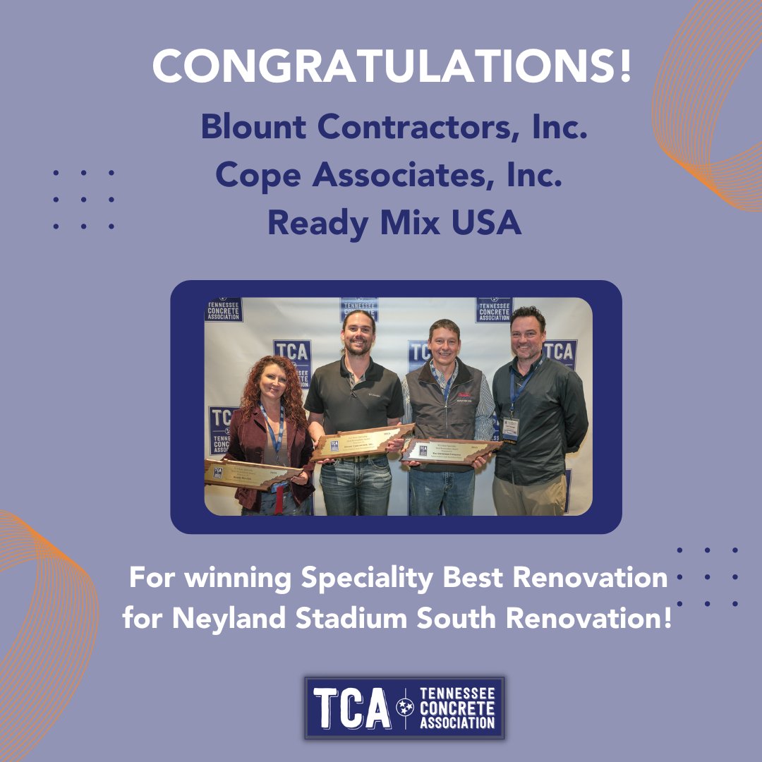 tnconcrete's tweet photo. Congratulations to Blount Contractors, Inc., @copeandassoc, and Ready Mix USA for their impressive achievement of winning the Specialty Best Renovation Award this year at the 2023 TCA Convention! Your exceptional efforts in this project exemplifies your hard work and innovation. https://t.co/oGqzw9GKTn
