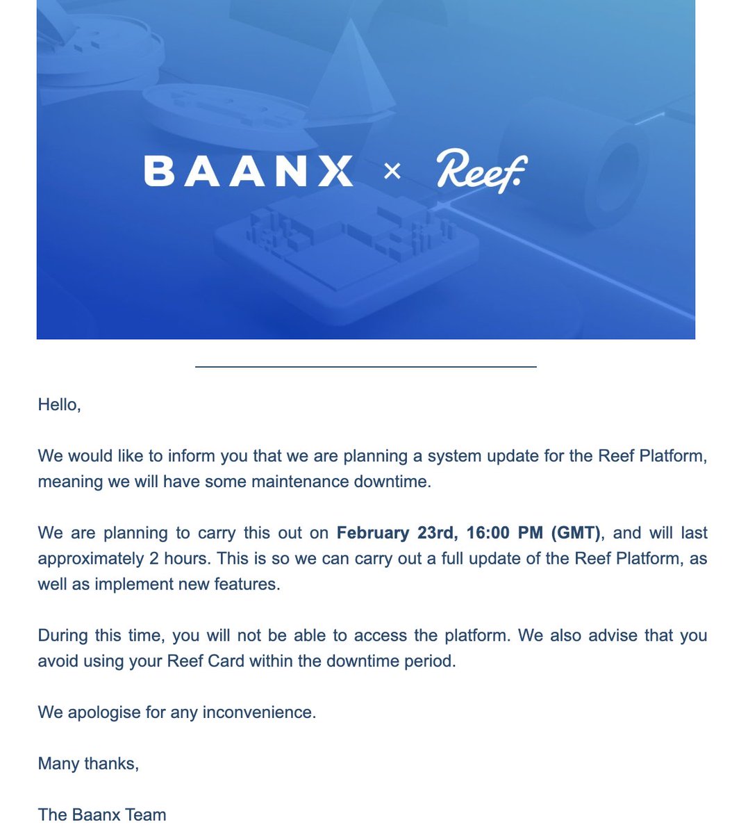 KryptoCEO's tweet image. Hey Everyone, if you are a @Reef_Chain Card user then please check your inbox as we will be running some maintenance on the #REEFCard platform, tomorrow. 

@BaanxGroup #REEF #ReefChain @Baanx_BXX