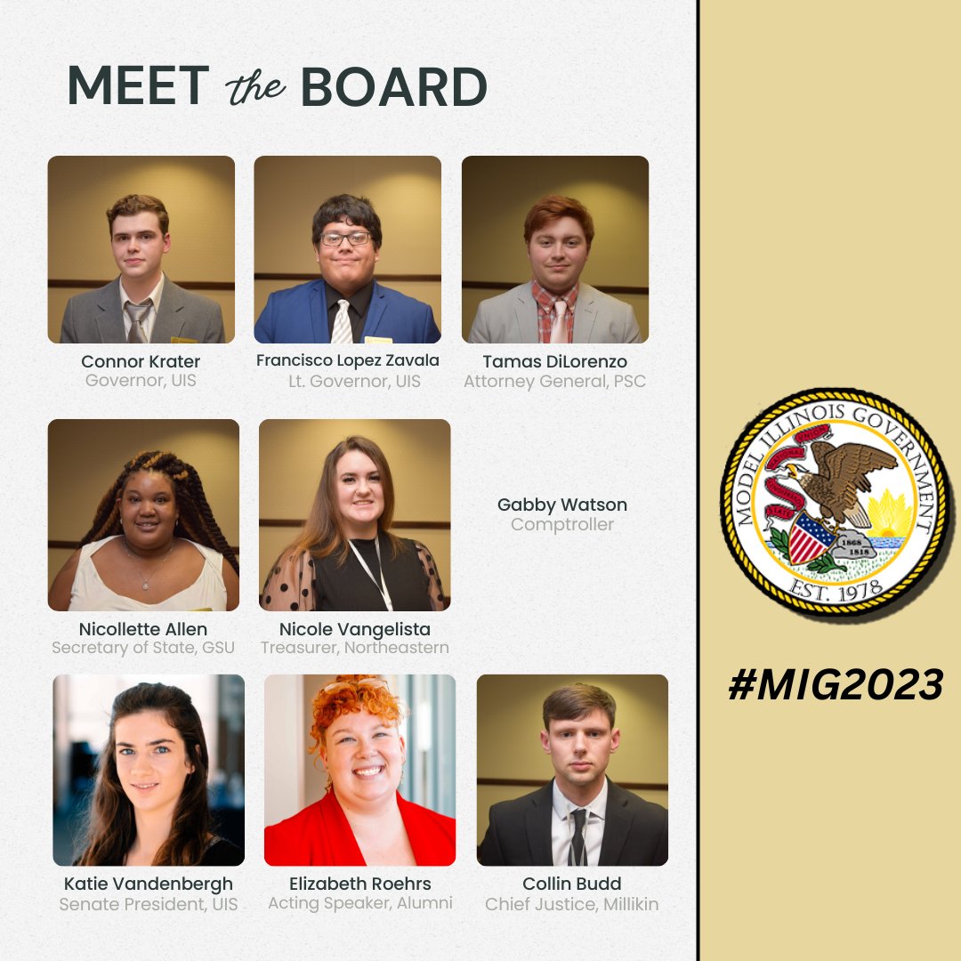 ModelILGov's tweet photo. Meet your #MIG2023 Executive Board! This year's team is excited to welcome students back to Springfield in just a week. To contact them with any questions, please visit https://t.co/yaOe8FH0H6 https://t.co/A3Vps12CHd