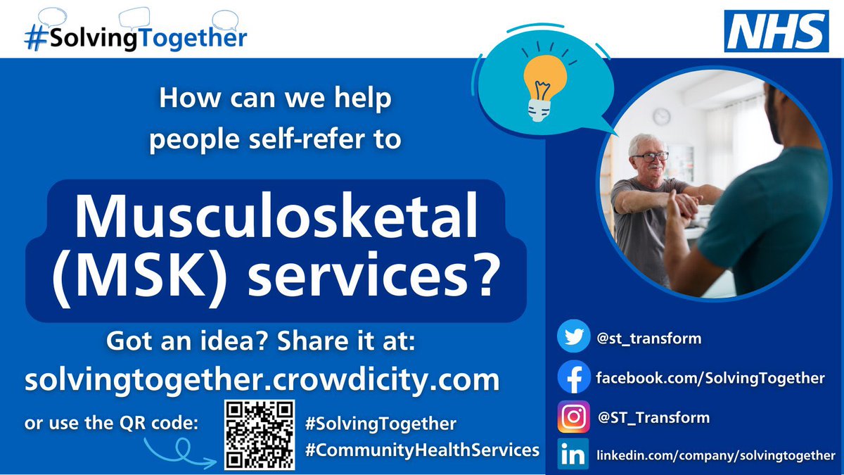 How can we help people self-refer to musculoskeletal (MSK) services? 💡 

Join in the #CommunityHealthServices conversation at 🔗solvingtogether.crowdicity.com 

Share your ideas or vote/comment on ideas already posted! 👥 

Let's keep #SolvingTogether 💙