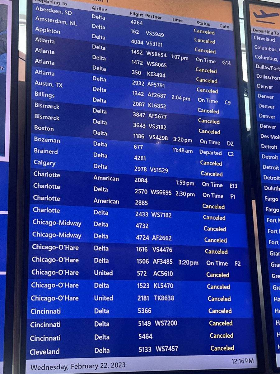 SarahThamerNews's tweet photo. Some views from the @mspairport right now — short lines but hundreds of canceled flights. I’ll be here today and tomorrow to bring you the latest. @MPRnews https://t.co/EeyF1w4xXz