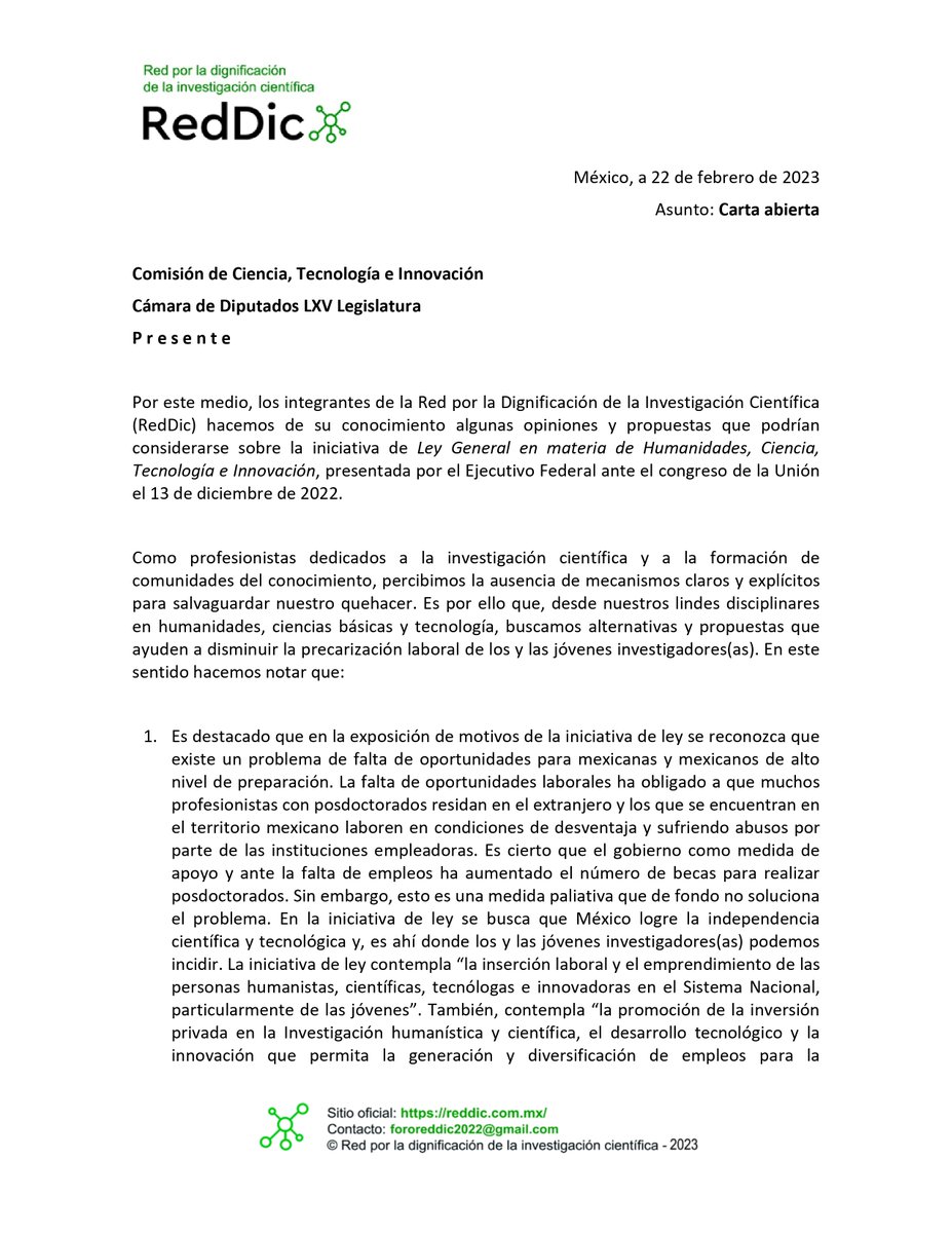 lareddic_'s tweet photo. Posicionamiento público de la Red por la Dignificación de la Investigación Científica, respecto a la iniciativa presidencial de Ley de Humanidades, Ciencia, Tecnología e Innovación. Gran parte de la comunidad científica, así como otras comunidades de trabajadoras y trabajadores, https://t.co/DsFpslj946