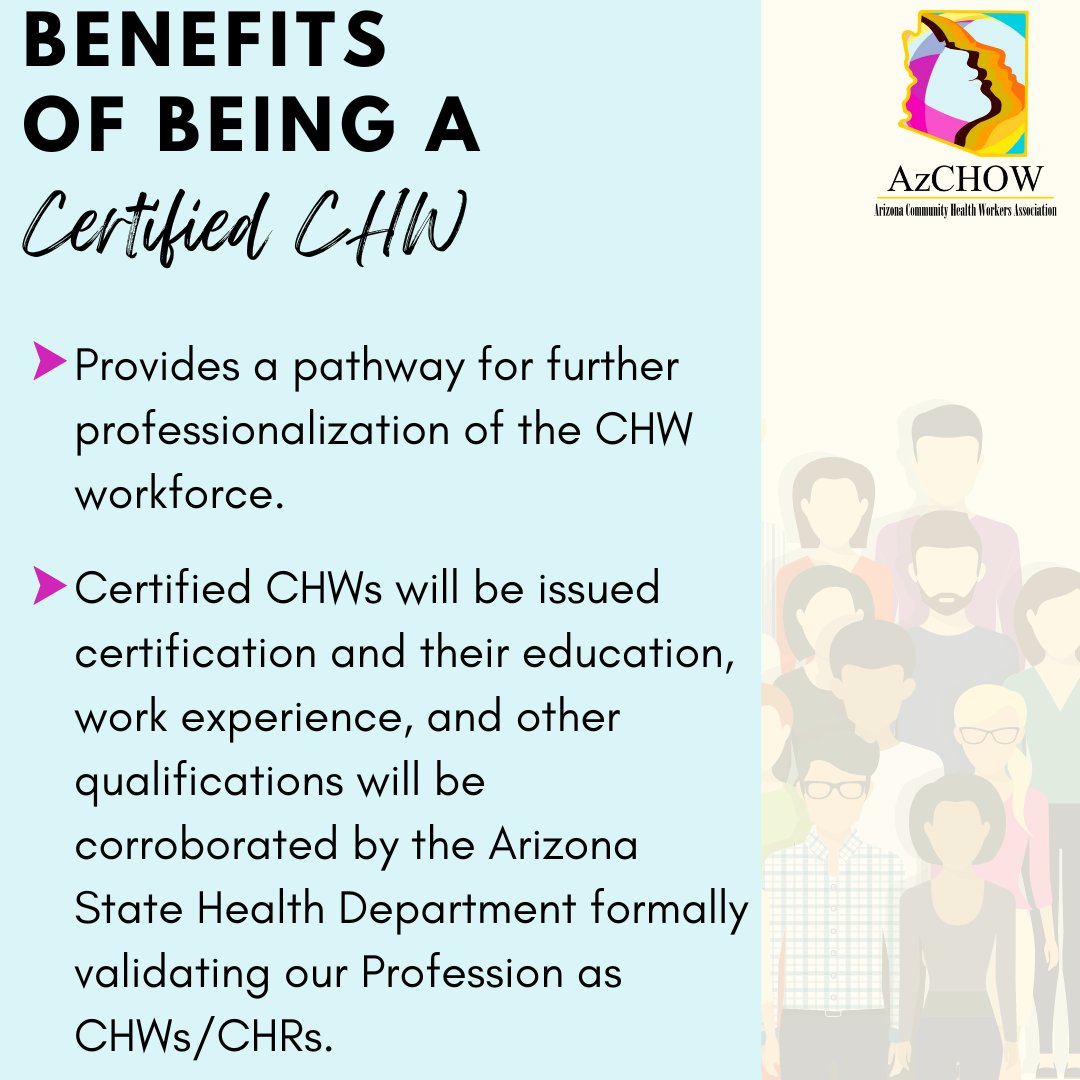 Az_CHOW's tweet photo. Arizona's CHW Voluntary Certification program brings many great benefits to certified CHWs! Apply today to become a certified CHW and take advantage of all the opportunities certification offers.

Link: https://t.co/h8N314oE9R

#AzCHOW #CHWVoluntaryCertification #CHW #CHR https://t.co/o4NRvQlyOQ