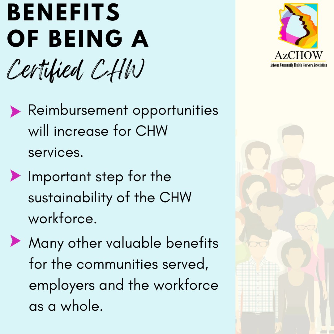 Az_CHOW's tweet photo. Arizona's CHW Voluntary Certification program brings many great benefits to certified CHWs! Apply today to become a certified CHW and take advantage of all the opportunities certification offers.

Link: https://t.co/h8N314oE9R

#AzCHOW #CHWVoluntaryCertification #CHW #CHR https://t.co/o4NRvQlyOQ