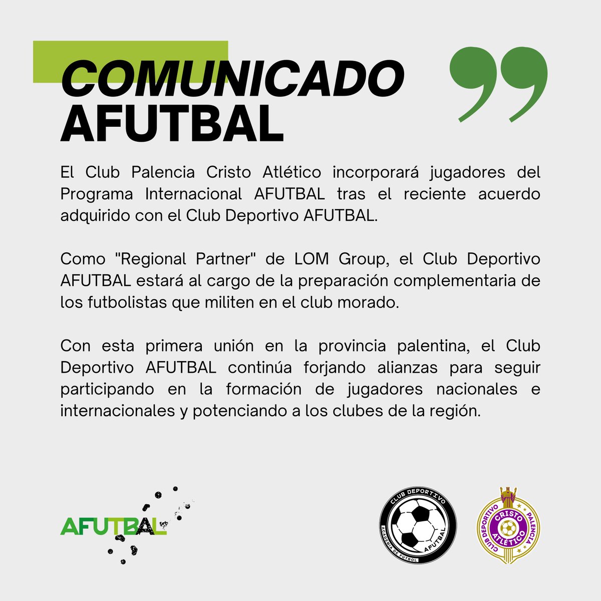 afutbalES's tweet photo. 🚨 COMUNICADO AFUTBAL 🚨

Acuerdo con el C.D. Palencia Cristo Atlético 🤝

#afutbal #academia #futbol #dejahuella #comunicado #acuerdo #cdpalenciacristoatletico https://t.co/HdYrrstke7