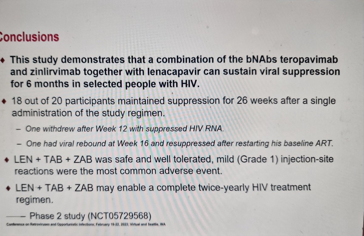 #CROI2023 Lenacapavir + 2 bNAbs maintained suppression 18/20 ppl. 1 person w VF but resistance did not amplify (yet). Only 55/124 (44%) screened met bNAb susceptibility criteria. Of that 55, 30% were not enrolled for 'other eligibility criteria' - I wonder what? WITH PERMISSION