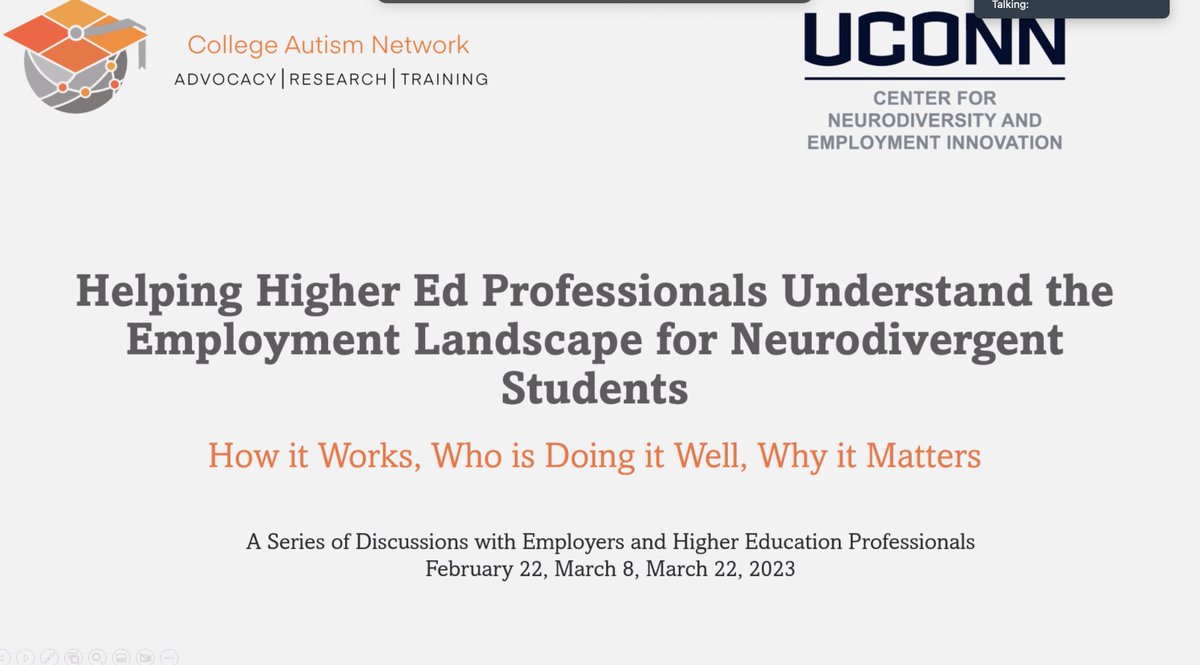 AutismLiaisons's tweet photo. Continuing to work on understanding the workforce landscape for neurodiverse individuals. Check out the training and guests we heard from today! https://t.co/0MYEYlXUrA
