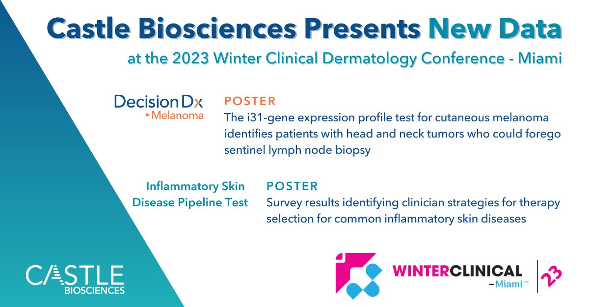 NEW DATA: Castle announces that new data on DecisionDx®-Melanoma and the Company’s pipeline test for inflammatory skin diseases was presented at the recent 2023 Winter Clinical - Miami™ conference. Findings and highlights: bit.ly/3kjyhgS @fallclinical