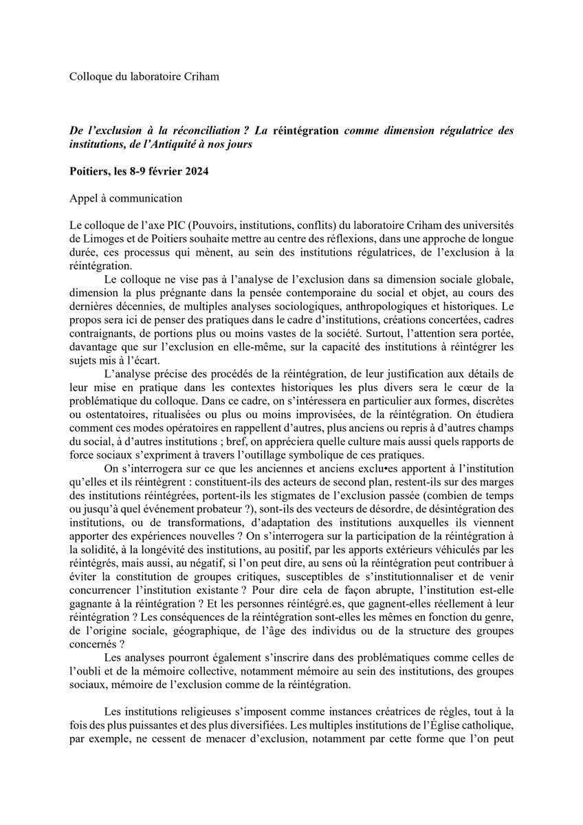 Criham_UR15507's tweet photo. 📢 [Appel à communication] De l'exclusion à la réconciliation ? La réintégration comme dimension régulatrice des institutions, de l'Antiquité à nos jours

👉 Colloque du #Criham à Poitiers, les 8-9 février 2024

🗓️ Date limite de l'envoi des propositions : 15 mai 2023

Détails⬇️ https://t.co/pjlu3KA9vi