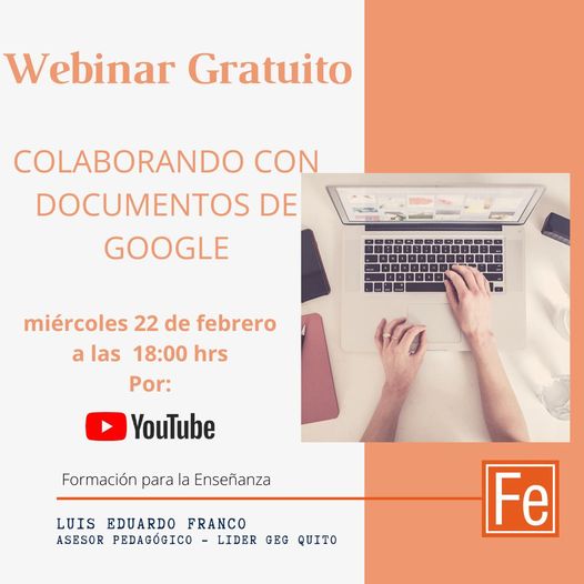 Según la UNESCO el trabajo colaborativo es una de las habilidades que debemos desarrollar como docentes del siglo XXI.
Es totalmente GRATIS - te esperamos.
Día: Miércoles 22 febrero
Hora: 18:00 hrs
Por nuestro canal de YouTube
#formaciónparalaenseñanza  #educaciononline #webinar