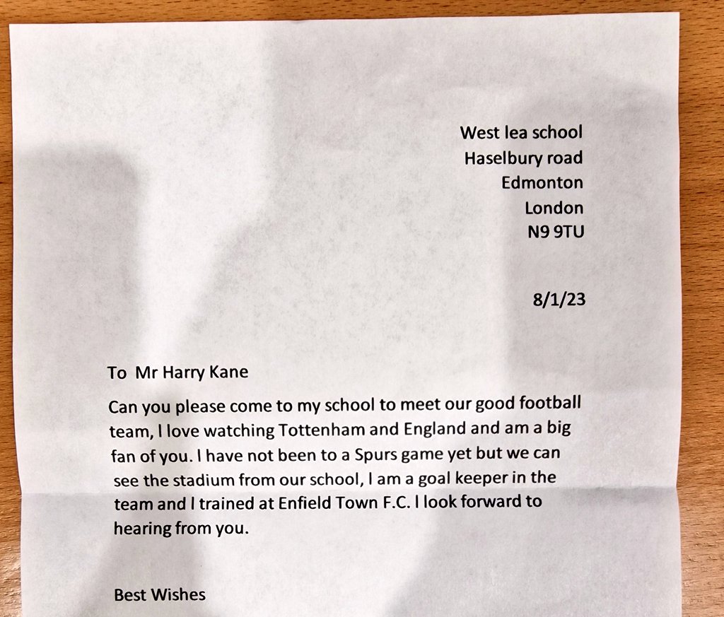 <a href="/SpursOfficial/">Tottenham Hotspur</a> <a href="/SpursFoundation/">Tottenham Hotspur Foundation</a> Toby from our school and wrote a letter asking for his favourite player Harry Kane to visit <a href="/HaselburyCampus/">Haselbury Campus</a>. 

He has not heard back and worried the letter may be lost, so wanted to share his letter on Twitter hoping <a href="/HKane/">Harry Kane</a> sees it 🤞🏻🤞🏻 #retweet