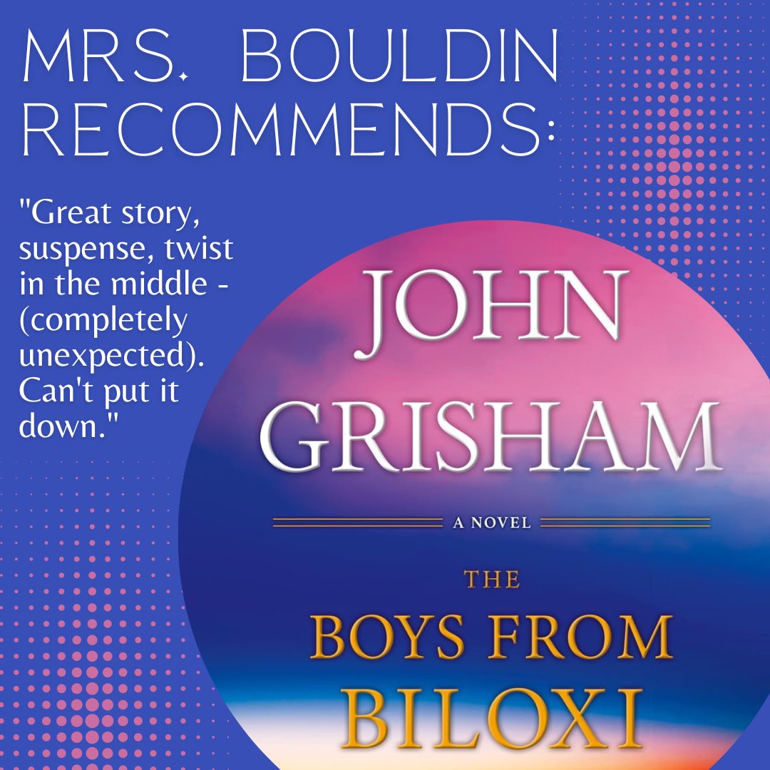 Next up for “We Read Wednesday” is Mrs. Bouldin’s recommendation of this national #1 bestseller from John Grisham! Check out our print copy or visit Sora for audio and ebook editions! #boysfrombiloxi #johngrisham #nationalbestseller #bestseller #nytimes #recommendedreading