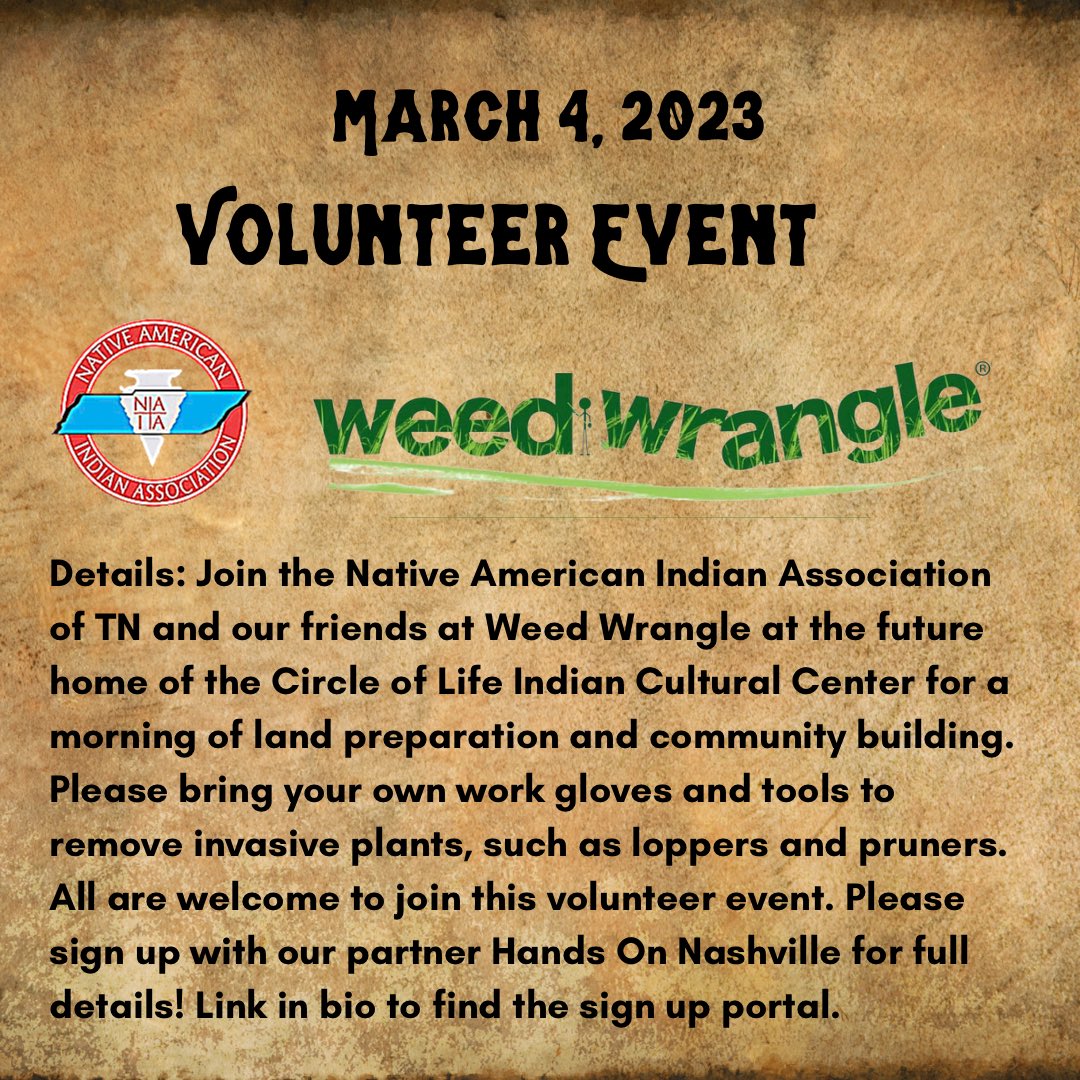naiatn's tweet photo. We will be hosting a #weedwrangle at the home of the future Circle of Life Indian Cultural Center in Nashville March 4th. Please visit the link in our bio to sign up to volunteer with our partner @HONashville 
#naiatn #nativetn #invasiveplants https://t.co/Ed3aq4Y02T