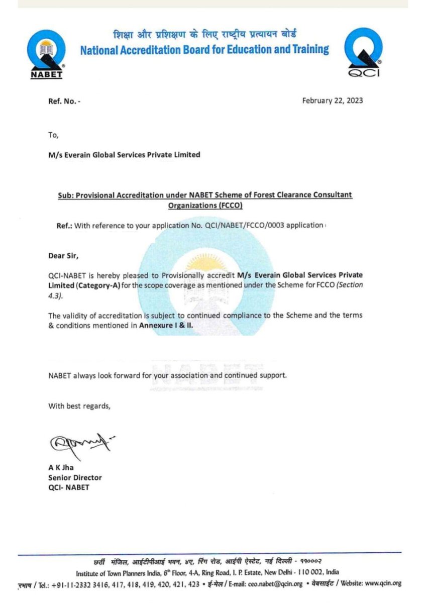 EverainGlobal's tweet photo. Dear all,

We are pleased to share that our company M/S Everain Global Services Pvt. Ltd. has successfully accredited for MoEF&amp;CC Category-A Forest Clearance Projects by the QCI and NABET under the scheme of Forest Clearance Consultant Organization(FCCO). https://t.co/TyoZ8IpGDk