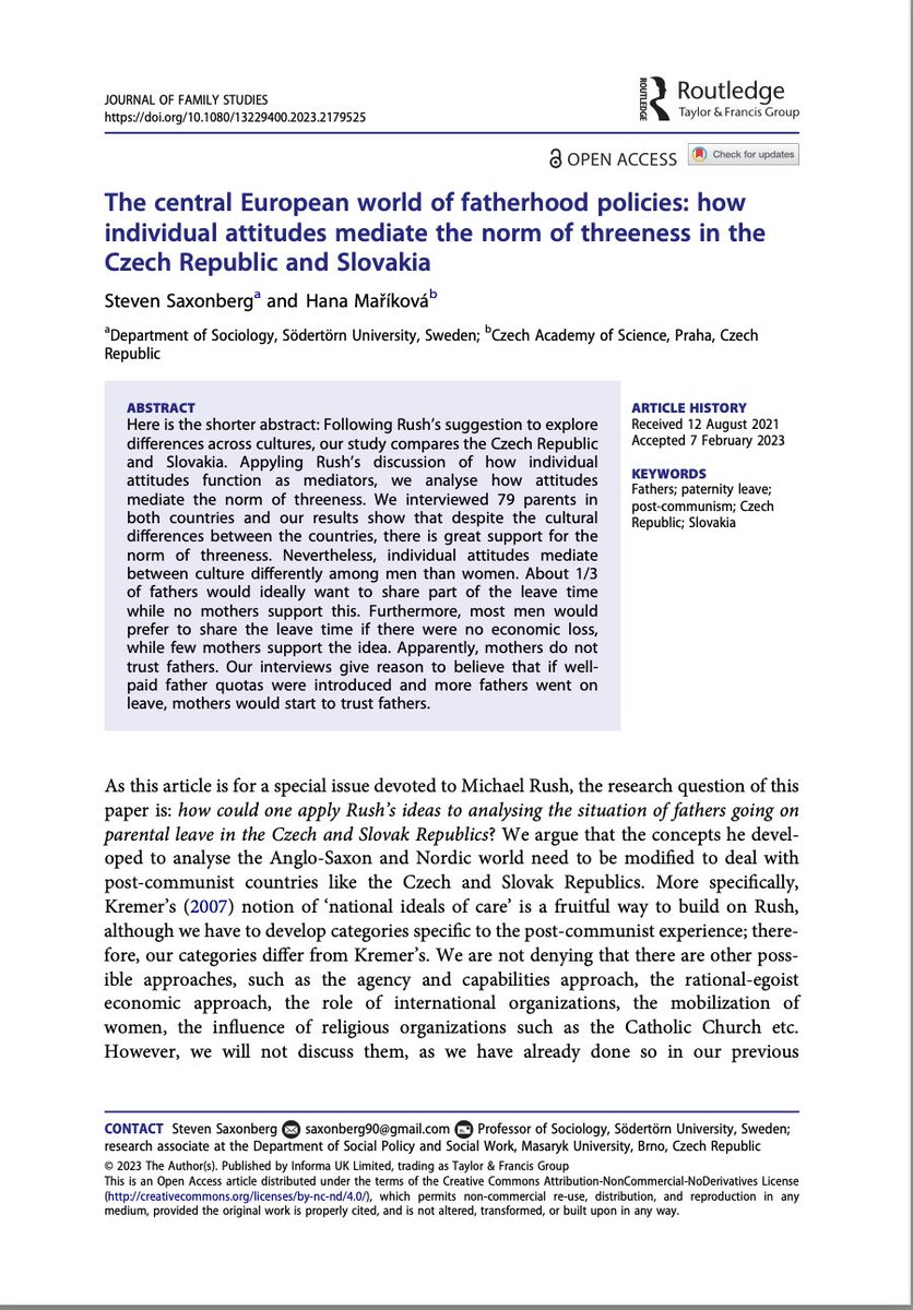 JFamStudies's tweet photo. "The central European world of fatherhood policies: how individual attitudes mediate the norm of threeness in the Czech Republic and Slovakia" Steven Saxonberg and Hana Maříková https://t.co/MsN9jXtj0O https://t.co/cyySdSDWqX