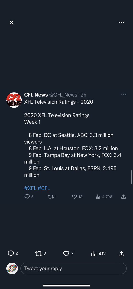 American Football International on Twitter "Check out the week 1 TV ratings from the XFL and