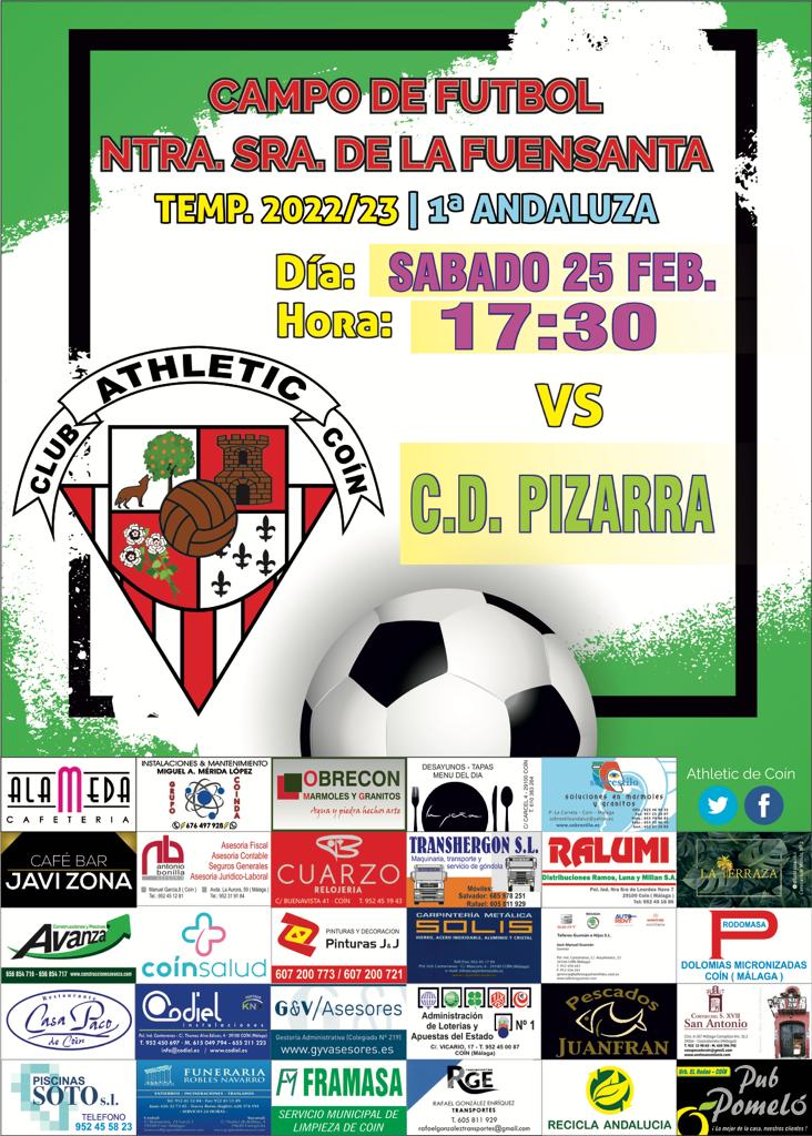 AthleticdeCoin's tweet photo. Horario confirmado para el sábado.

A las 17:30 h. recibimos en La Fuensanta a nuestros vecinos de @c_pizarra,  en un bonito derby comarcal donde necesitamos de todo vuestro aliento y apoyo para lograr los tres puntos.

Partido patrocinado por Recicla Andalucía

¡ Vamos Athletic! https://t.co/nHW91yEJNd