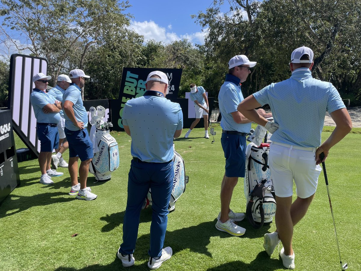 AlanShipnuck's tweet photo. All these LIV golfers and caddies are so cute in their matching uniforms! Here are the Majesticks, featuring reality TV star Ian Poulter in the most sedate outfit of his life: https://t.co/d5EtyBZ7Fl